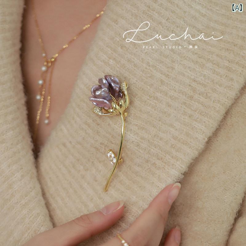 乐天商城 - ブローチ バロック 淡水パール チューリップ モチーフ 高級感 性 精巧 小衆 胸花 ピン ユニーク アクセサリー 上品 ファッション