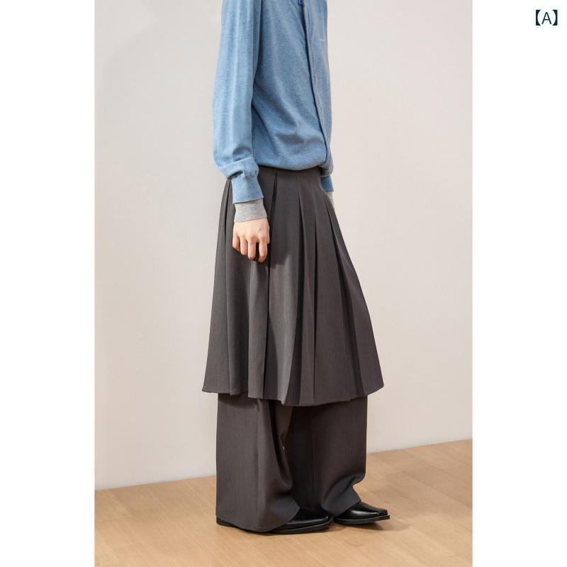レディース スカートパンツ プリーツ 夏用 ストレート 西装風 フェイクツーピース 卒業式 吸湿速乾 軽量 おしゃれ かわいい シルエット 普段使い