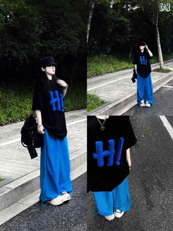 レディース 春夏 韓国 短袖 トップス ワイドパンツ セット 立体プリント ビビッドカラー ゆったりシルエット 休闲 スポーツウェア 吸湿速乾 軽量 伸縮性・セット内容: 2点セット・主な素材: 綿81%-90%・パンツ丈: ショートパンツ・袖丈: 短袖・ネックライン: クルーネック・着用方法: プルオーバー・サイズ展開: S.M.L.XL・カラー展開: 黒上衣+青長パンツ（2点セット）.黒上衣（単品）.青長パンツ（単品）