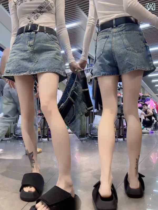 レディース デニム スカートパンツ ハイウエスト Aライン 夏用 ブルー 大きめサイズ ぽっちゃり対応 お腹カバー スリム効果 カジュアル デイリー 普段使い