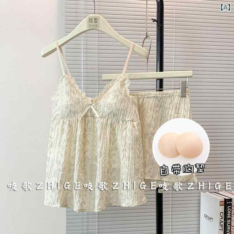 繫肩帶 - パジャマ 女性用 夏用 セクシー キャミソール セット レース 花辺 コットン　 胸パッド入り ルームウェア かわいい 柔らかい 素材 快適 寝間着