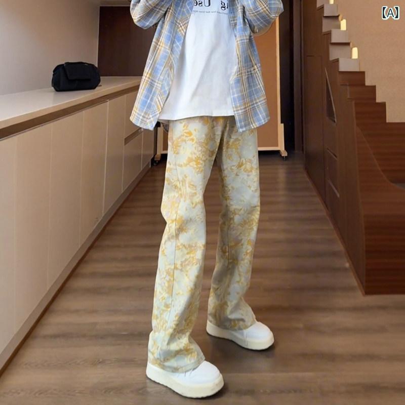樂天商城 - デニムパンツ メンズ イエロー 刺繍柄 プリント 微フレア ハイウエスト コントラストカラー スリム デニム素材 ストレッチ 普段使い カジュアル