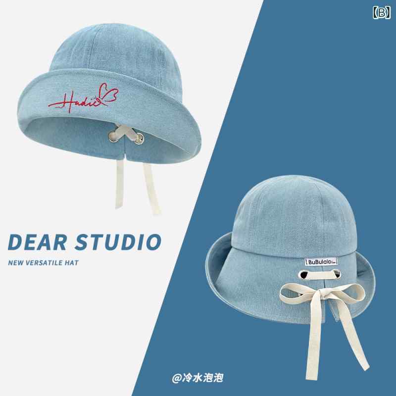 バケットハット レディース 夏用 韓国 レトロ デニム素材 刺繍 リボン 折り返しブ...