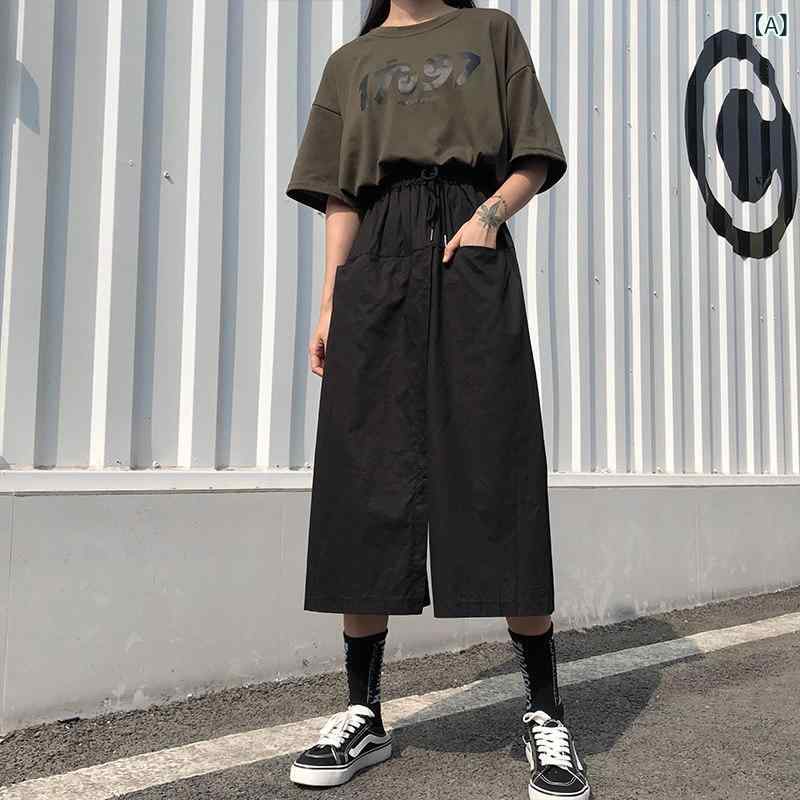 スカートパンツ レディース 夏 ハイウエスト ゆったり Aライン ワイドレッグ ストレート 七分丈 カジュアル フィット 膝下丈 軽量 伸縮性