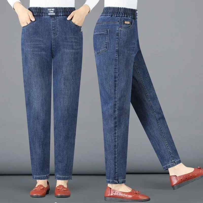 Cropped Pants - パンツ レディース 中年向け 牛仔 大きいサイズ 高腰 直筒 ワイド ハーレム ロング 伸縮性 ゆったり デニム コットン ミックス 普段使い 通勤 秋冬