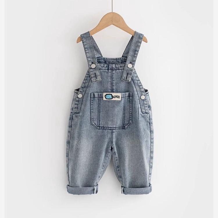 Overalls - 女児 春夏 デニム オーバーオール 子供 洋服 かわいい 個性派 韓国 ファッション バックスタイル 吸湿速乾 伸縮性 軽量 通学用 遊び着 ブルー系 カジュアル