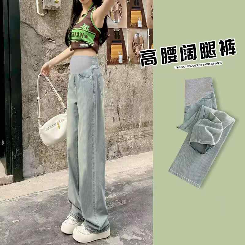 Long-Trousers, Trousers - マタニティパンツ 妊婦用デニムズボン ゆったり腹部サポート 接触冷感素材 ストレートワイドレッグ 薄手 春夏 普段使い 伸縮性 通勤対応