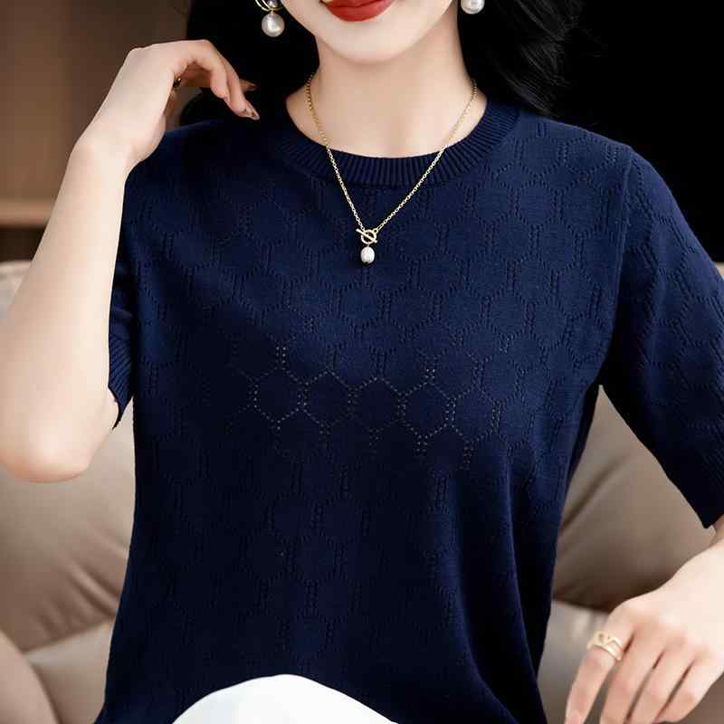 Three-Quarter Knit - Tシャツ 女性用 半袖 夏 春夏 トップス 綿 針織 ゆったり 大きいサイズ フィット 外出着 透け感 軽量 吸湿速乾 通勤 普段使い カジュアル ブラック ホワイト ピンク系 アイボリー ビッグシルエット 接触冷感 伸縮性