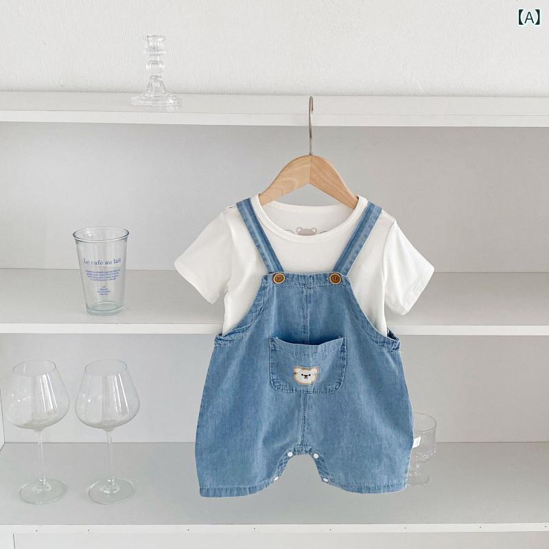 ベビー 夏服 セット 背広パンツ 02歳 赤ちゃん服 夏季 薄手 トップス デニム ワンピース 連体服 2点組 綿素材 吸湿速乾 軽量 伸縮性 通気性 ビッグシルエット ピンク系 アイボリー 春夏 普段使い