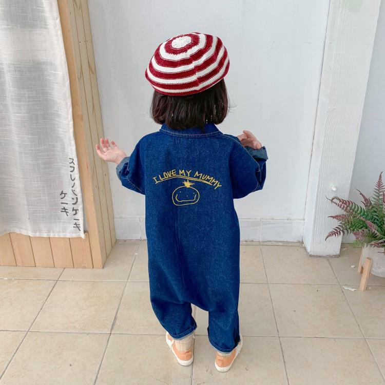 キッズ 男の子 女の子 クライミング服 春夏 牛仔 連体服 子供 笑顔 柄 休闲 ロンパース デニム 素材 通気性 伸縮性 普段使い アウトドア 遊び着 かわいい デザイン