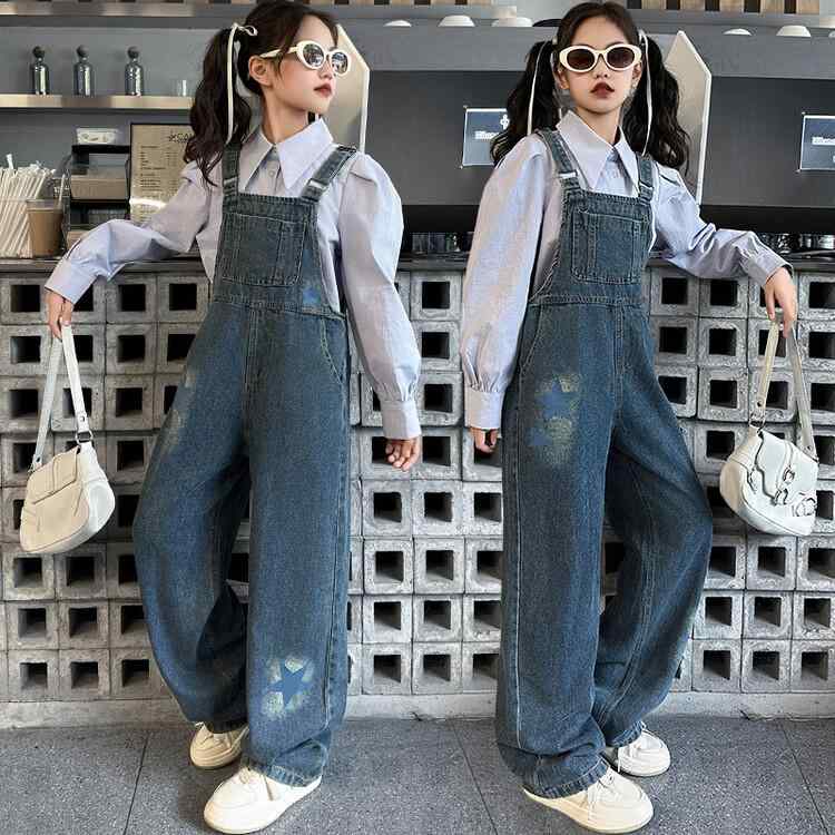 女児 春夏 デニム オーバーオール 子供 ズボン 女の子 大きめサイズ 韓国 スタイリッシュ かわいい 連体ズボン 伸縮性 通学用 普段使い 軽量 綿混 ストレートシルエット ブルー系 秋冬対応