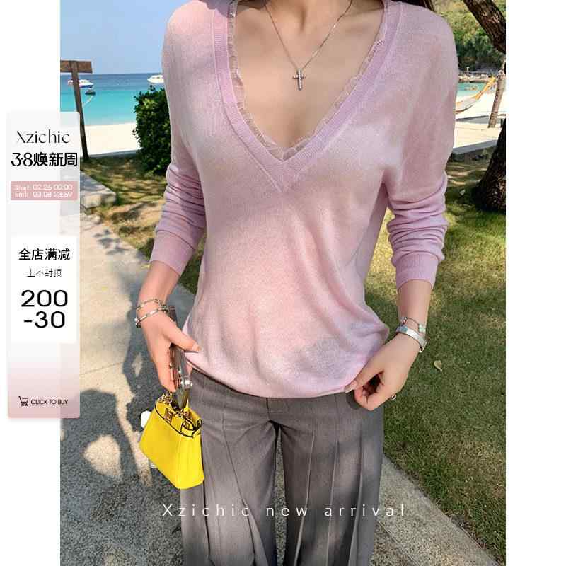 樂天商城 - トップス レディース 長袖 Vネック Tシャツ インナー 　 ウール 混紡 レース 縁 襟 柔らかい 素材 春 普段使い 軽量 伸縮性
