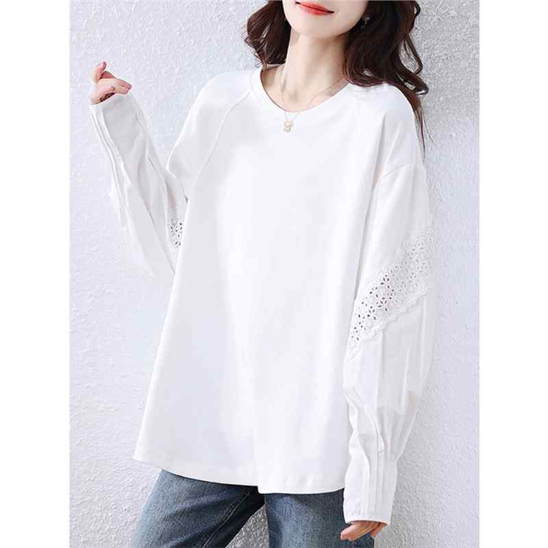 レディース 春夏 Tシャツ レース 刺繍 切り替え 袖 ホワイト ゆったり インナー トップス シャツ 普段使い 軽量 伸縮性 吸湿速乾