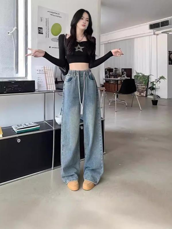 樂天商城 - 春夏 レディース ハイウエスト ワイドパンツ ロング丈 デニムパンツ 女性用 スリム効果 コーディネート自在 韓国 学生向け 伸縮性 イージー腰 ドローストリング ゆったりシルエット 大きいサイズ 軽量 吸湿速乾 通学用 普段使い ブルー系 コットン混