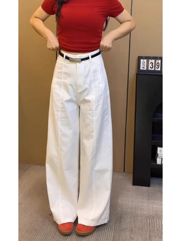 Rakuten - パンツ レディース 白色 ストレート デニム 高腰 スリム ワイドレッグ ロング 夏用 薄手 大きいサイズ ゆったり 伸縮性 吸湿速乾 軽量 普段使い カジュアル