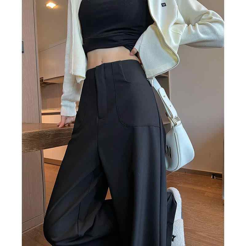 Cropped Pants - レディース パンツ ワイドレッグ ハイウエスト 落ち感 高級感 テーラード カジュアル ロング丈 ストレート ブラックグレー オフィスカジュアル ゆったりシルエット 秋冬