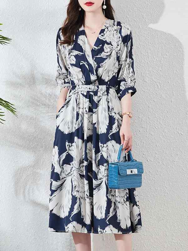 ワンピース レディース 桑蚕丝 真丝 中長丈 夏 春夏 大きいサイズ 若々しい女性 高級感 小柄 軽量 吸湿速乾 再生繊維 接触冷感 かわいい シルク調 女性用 ドレス 膝丈 フレア ブラック ピンク系 アイボリー 通勤用 普段使い