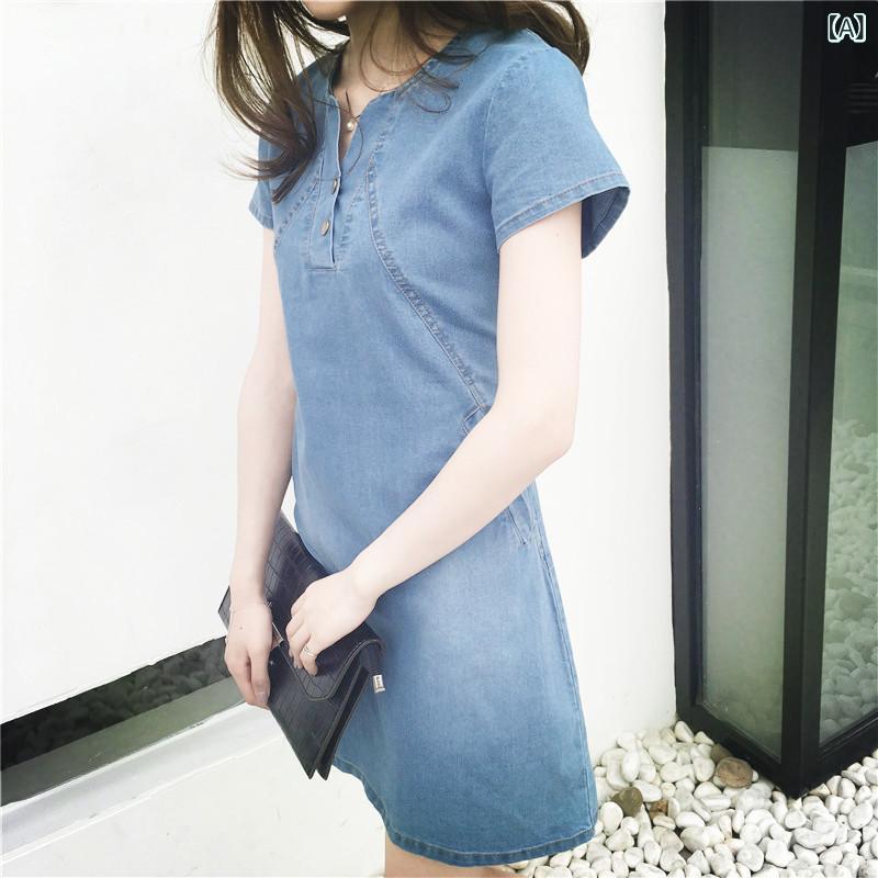 リバーパディのワンピース 女性用 春夏 韓国風 デニム コットン 中長丈 ゆったりシルエット 修身カット 大きいサイズ かわいい 日常使い 軽量 伸縮性 ブルー ピンク系 ブラック｜アングル2