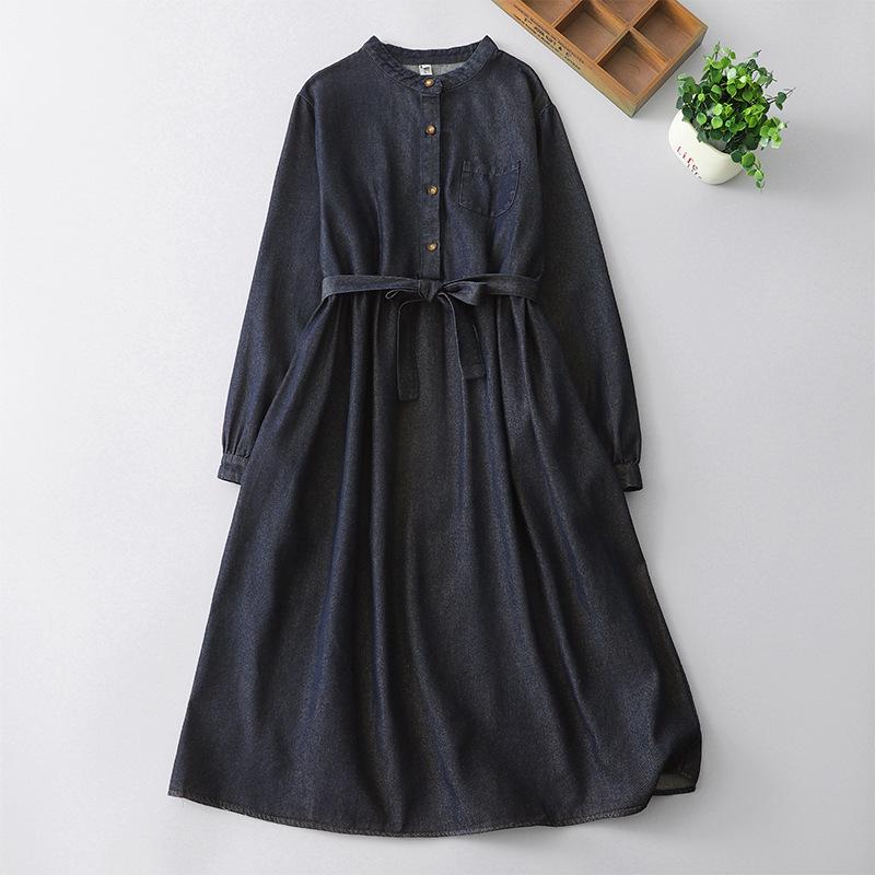 コットン デニム ワンピース ロング 春夏 レディース 長袖 復古 ゆったり シルエット 高級感 スリム 効果 コーディネート 簡単 綿素材 ストレッチ 性 軽量 通勤 普段使い デート 春秋 暖か 素材 膝下 丈 フレア スカート 切り替え