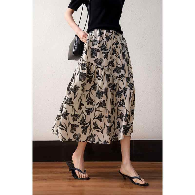 Skirts - スカート レディース Aライン 花柄 ミディ丈 伸縮ウエスト スリム ボディカバー プリント 春夏 普段使い 軽量 綿混