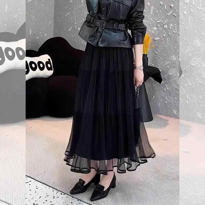 Women's Black Lace A-Line Midi Skirt, Spring/Summer, Slim Fit, Coverage, Stylish, Easy to Match, Young, Elegant, Lightweight, Stretchy, Knee-Length, Below-the-Knee, Fashionable, Everyday Wear, Commuting, Knee-Length Skirt, Midi-Length, Flare Skirt, Women's, Black, Mesh Fabric, Sheer