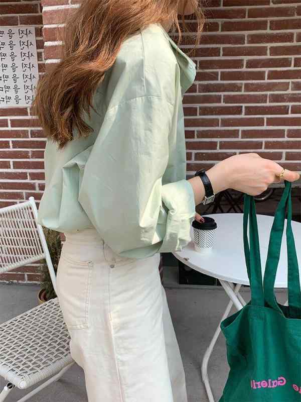 シャツ レディース 長袖 ミントグリーン ゆったり 韓国 スリム トップス 春 かわいい スタンドカラー 軽やか 普段使い 柔らかい 素材 淡い色 シンプル ・サイズ展開: S.M.L.XL・・カラー展開: ホワイト.ミントグリーン.ピンク・袖丈: 長袖