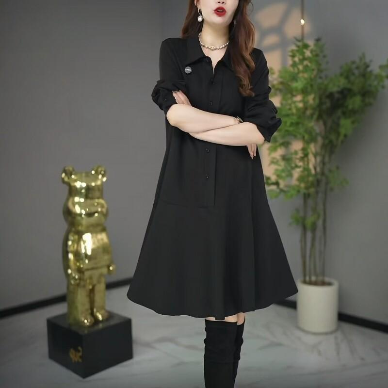 乐天商城 - ワンピース 女性用 ブラック 襟付き ゆったり ミドル丈 シャツワンピース 春夏 ファッション 上品 フィット スタンドカラー ドレス 日常使い 軽やか シルエット