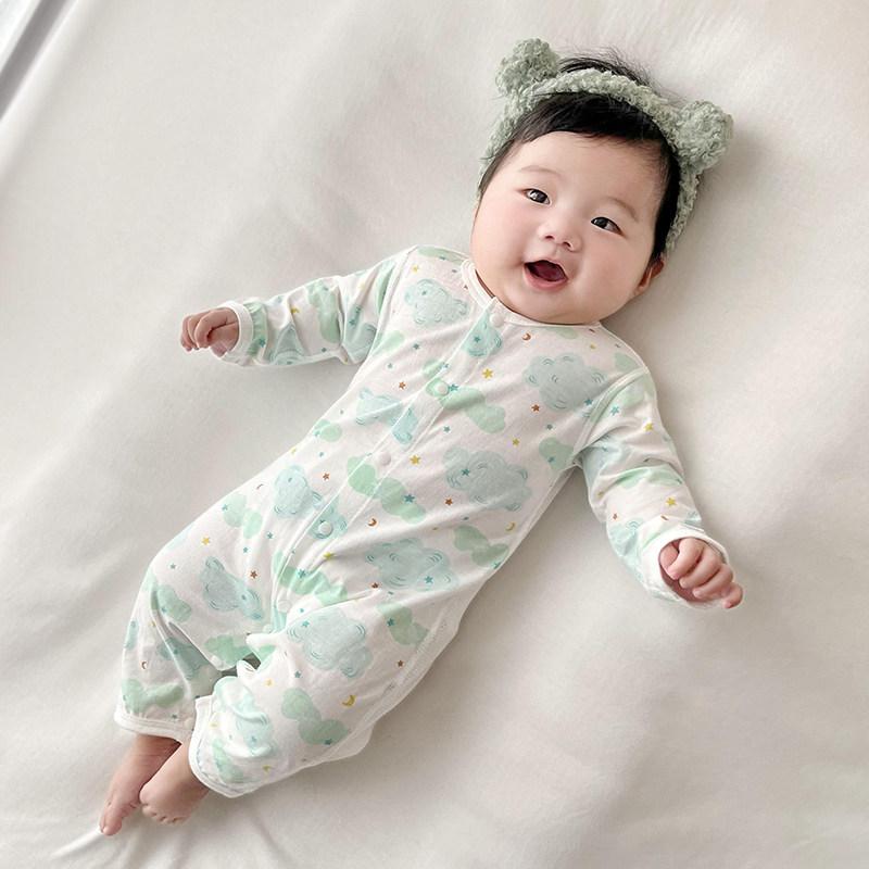 新生児 ベビー ロンパース 綿 長袖 薄手 夏用 エアコン服 パジャマ 部屋着 寝間着 柔らかい素材 肌触り良い 吸湿性 通気性