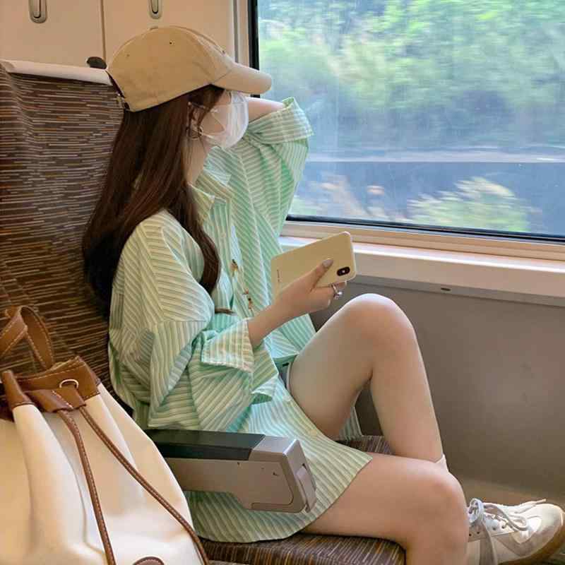 乐天商城 - レディース 春夏 グリーン ストライプ 長袖 カーディガン 韓国 高級感 ゆったり 薄手 軽量 通気性 カジュアル トップス ブラウス アウター 普段使い