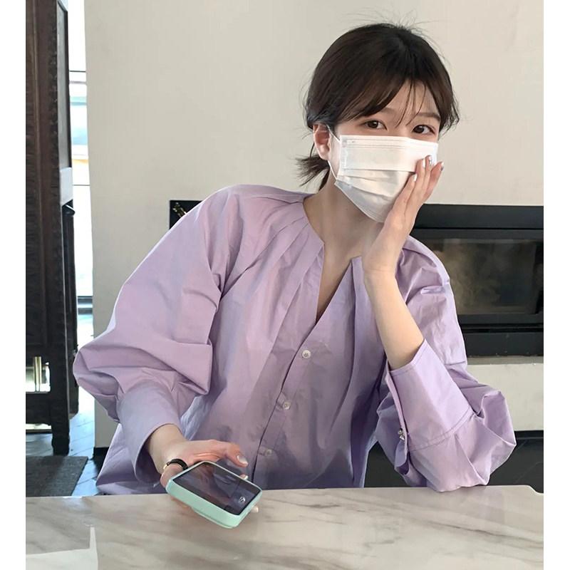 Cotton （Patterned Cloth） - レディース フレンチスタイル Vネック プリーツ 長袖 ブラウス 紫色 高級感 エレガント ゆったり カジュアル トップス 軽やか シルエット
