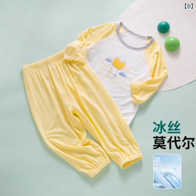 リバーパディのベビー 夏用 薄手 モダール 長袖 長ズボン 分体セット ホームウェア 室内着 吸湿速乾 再生繊維 接触冷感 新生児服 かわいい 部屋着｜アングル3