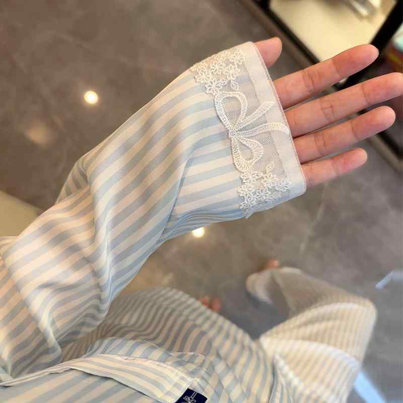 パジャマ レディース 春秋 接触冷感 長袖 ロングパンツ ブルー ストライプ レース 花边 高級感 部屋着 セット 吸湿速乾 軽量 快適 ホー..