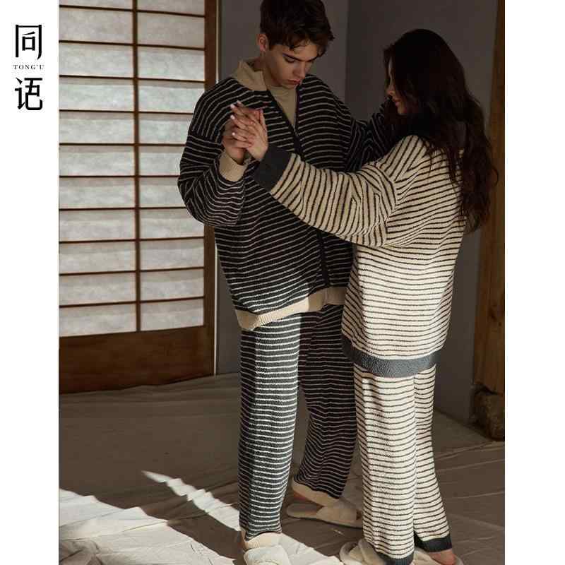 Japanese Pattern - パジャマ メンズ レディース ペア 秋冬 長袖 厚手 フランネル 切り替え ストライプ ルームウェア 部屋着 暖か 素材