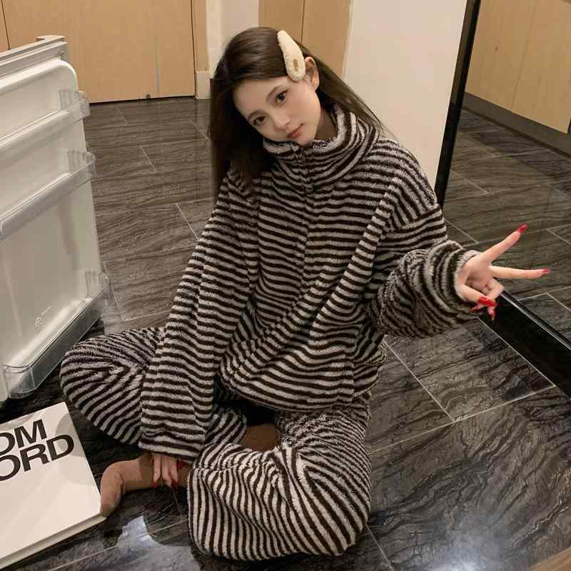 パジャマ 女性用 秋冬 厚手 コーラルフリース ストライプ 高級感 ジッパー 暖か 部屋着 外出着 セット 柔らか 保温 ゆったり
