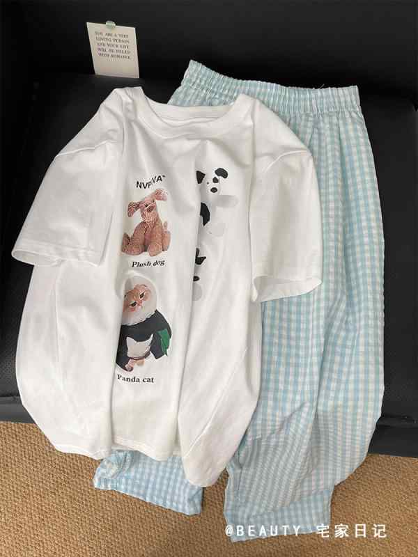 ルームウェア セット レディース 夏用 クルーネック 短袖 トップス かわいい 小犬 プリント チェック ストライプ ロングパンツ ビッグサイズ ゆったり 部屋着 外出着