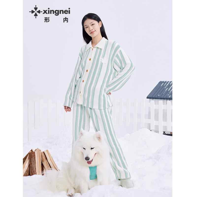 パジャマ レディース ストライプ グリーン 片面ベルベット 保暖 フリースライニング 厚手 冬用 ルームウェア 寝間着 ホームウェア 保温 起毛加工 ゆったりシルエット 室内着