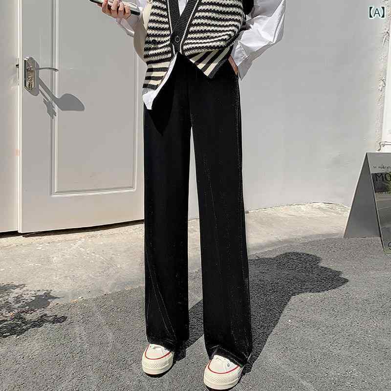 レディース 秋冬 ベルベット ワイドパンツ ハイウエスト ゆったり ストレート 暖か 裏地付き カジュアル ドレープ感 小柄対応 防寒 日常使い