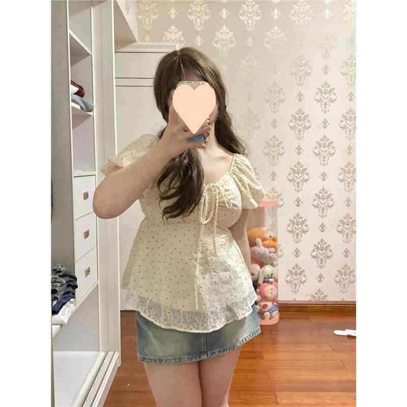 トップス 女性用 春夏 かわいい ポルカドット 短袖 シャツ 法式 ビッグシルエット 泡泡袖 短め 別ち切り デザイン 軽量 伸縮性 通勤 普段使い 部屋着 綿混 再生繊維 Vネック ピンク系 アイボリー ブラック