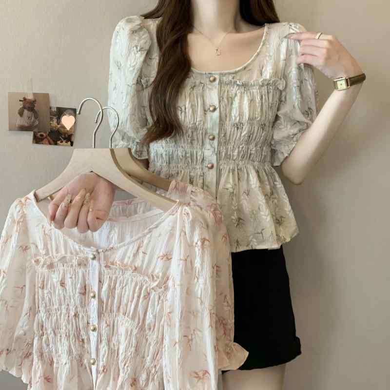 乐天商城 - ブラウス レディース 春夏 フレッシュ フローラル プリント 短袖 シフォン シャツ 女性用 デザイン フリル ウエスト ギャザー スリム 軽量 通気性 吸湿速乾 かわいい 淡色 ピンク系 ブルー グリーン ハイウエスト ビッグシルエット 普段使い デー