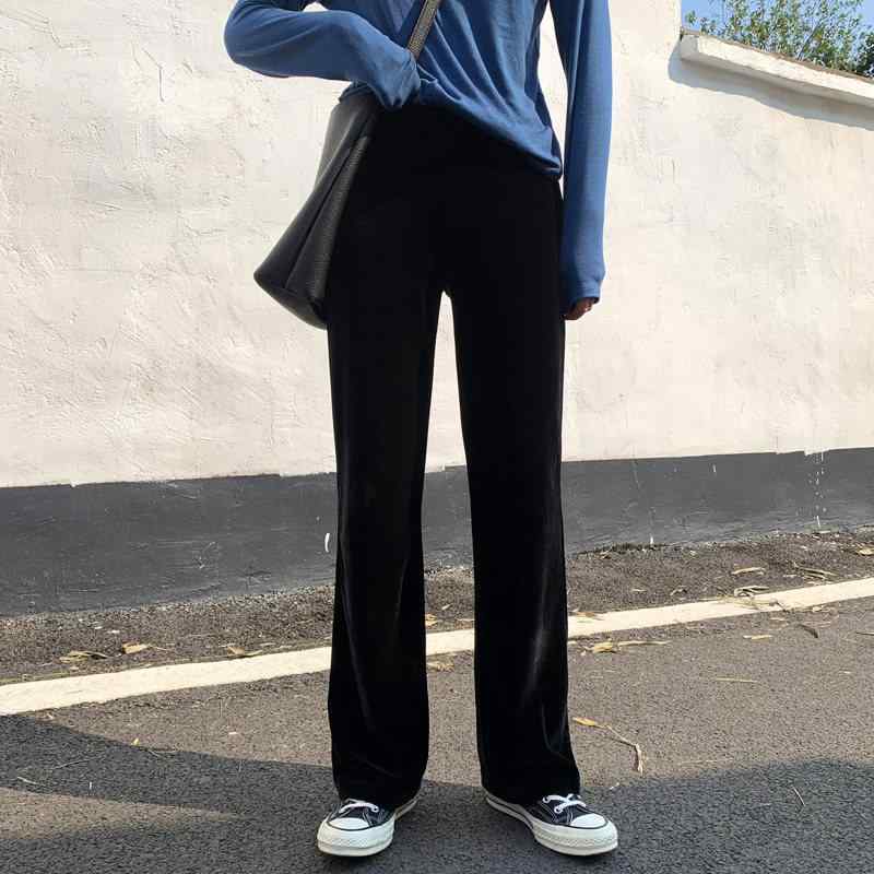 乐天商城 - レディース 秋冬 ワイドパンツ ブラック ベルベット 高級感 高腰 ストレート ドレープ 暖かフリース 小柄対応 ゆったりシルエット カジュアル 普段使い