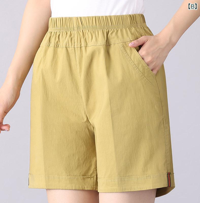レディース 夏用 ショートパンツ ゆったり ハイウエスト 薄手 綿素材 膝上丈 ママ向け 外出用 日常使い フィット 快適 伸縮性 3