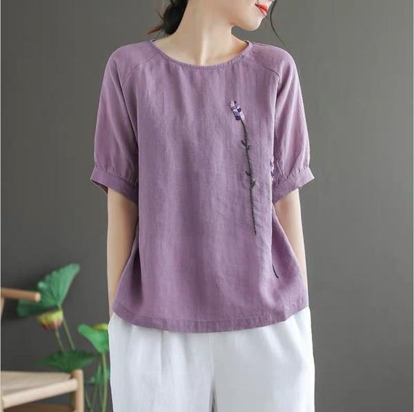 Tシャツ レディース 春夏 復古 花柄刺繍 綿麻素材 向け 大きいサイズ 女性用 丸首 短袖トップス ゆったりシルエット 軽量 通勤普段使い 吸湿速乾 ベージュ系 ピンク系 アイボリー 花柄 刺繍加工 伸縮性