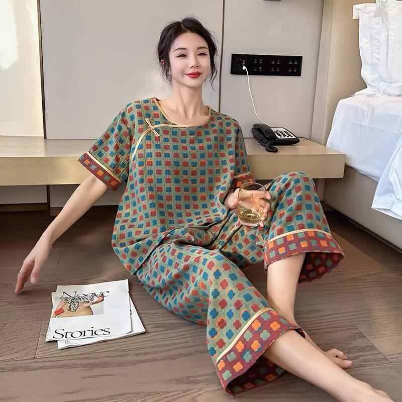 ルームウェア 女性用 大きめサイズ 春夏 綿素材 薄手 部屋着 チャイナ風 モダン 吸湿速乾 快適 寝巻き