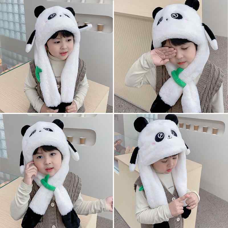 キッズ パンダ耳付き 帽子 マフラー 一体型 秋冬 動く耳 かわいい 動物モチーフ 暖か ヘッドカバー ユニセックス ボーイガール フワフワ 室内外 普段使い