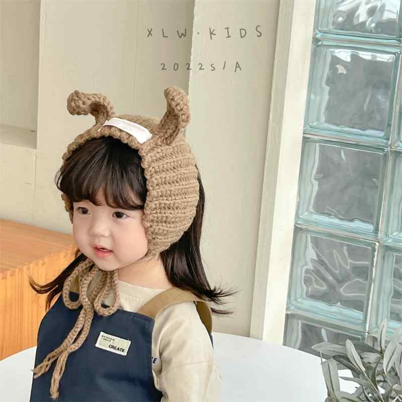 Learning Materials - ニット帽 キッズ 秋冬 ウサギ耳 耳当て付き 手編み 毛糸 かわいい 卡通 ベビー ヘアアクセサリー 防寒 柔らかい 暖か素材