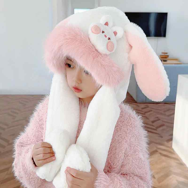 乐天商城 - キッズ 女の子 ウサギ耳 帽子 マフラー 一体型 冬用 毛绒 耳当て 保暖 かわいい 動く耳 フワフワ 暖か 耳カバー 子供用 ウィンター アクセサリー ヘッドウェア ニット ソフト素材