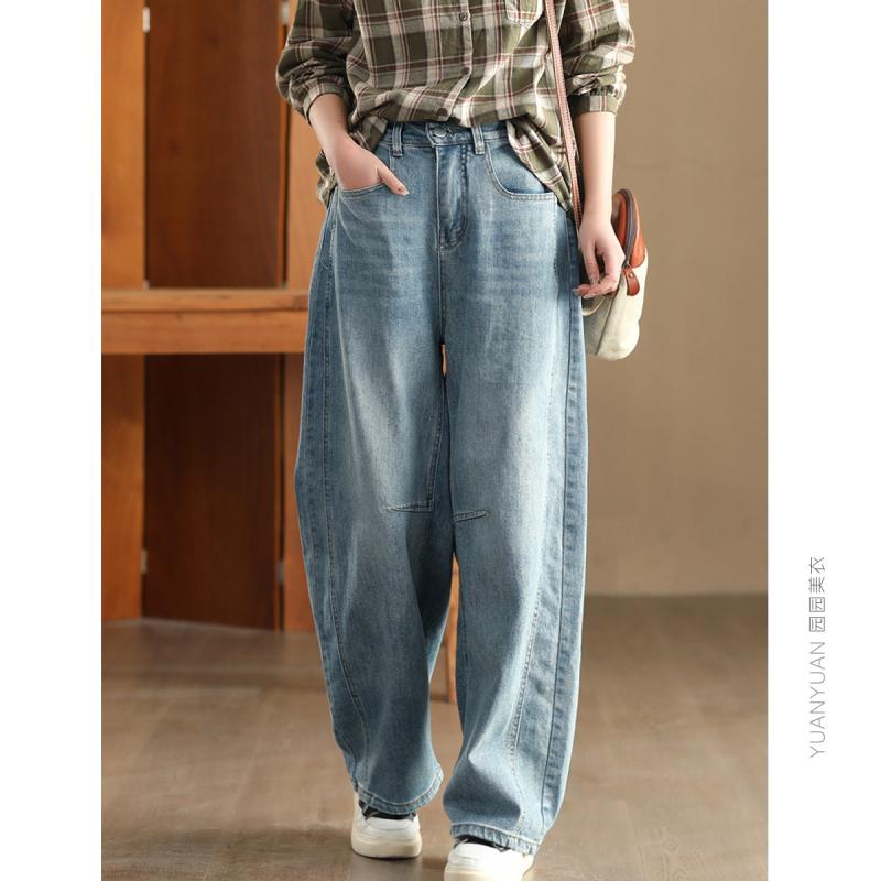 デニムパンツ レディース コットン100% ウォッシュ加工 ストレートシルエット 切り替え スリム効果 脚長効果 カジュアル 普段使い ロン..