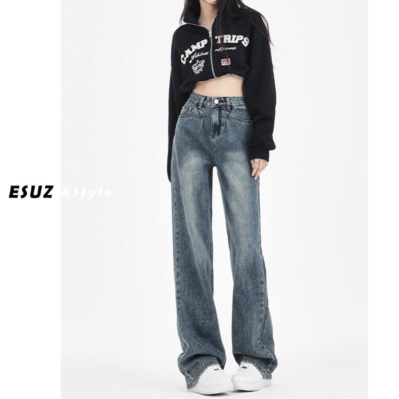 乐天商城 - デニムパンツ レディース ワイドレッグ ハイウエスト ストレート ゆったり スリム効果 レトロ アメリカンスタイル 春秋 小柄対応 デニム素材 カジュアル 普段使い 伸縮性 軽量