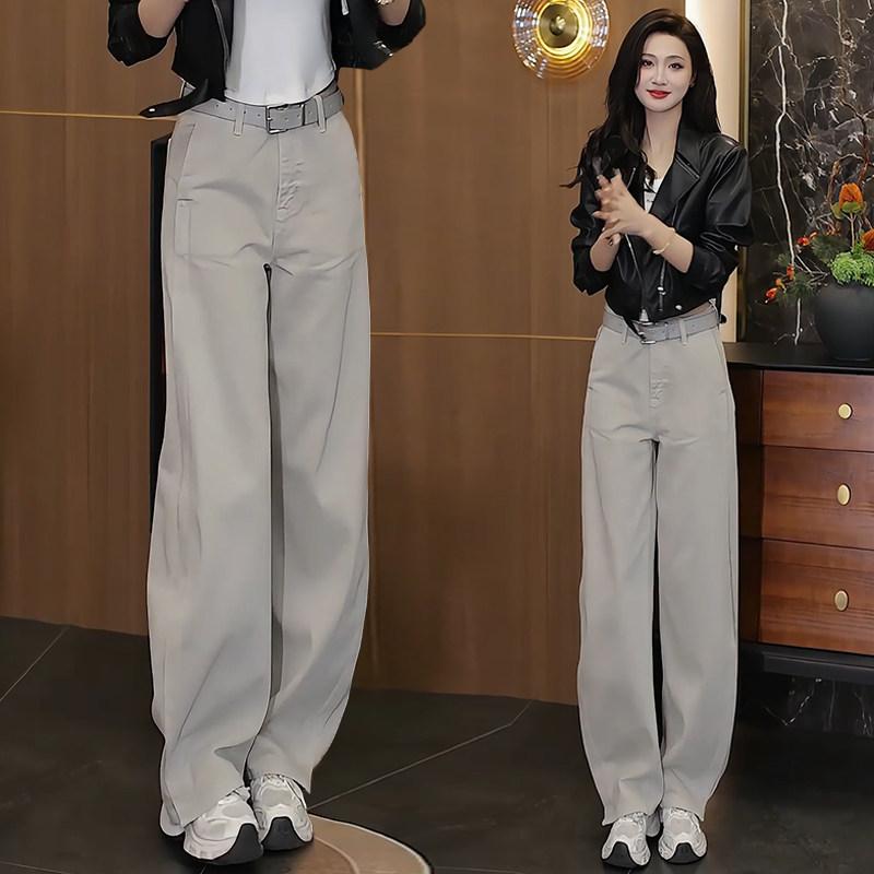 レディース デニムパンツ ハイウエスト ワイドレッグ モランディグレー ゆったりストレート バナナスタイル 綿素材 カジュアル 普段使..