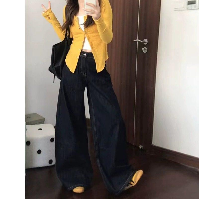 Other - デニムパンツ レディース ハイウエスト ダークブルー ワイドレッグ ゆったり 大きいサイズ 梨型体型 対応 レトロ カジュアル ストレート ロング丈 ジーンズ ズボン 普段使い デニム素材 フルレングス